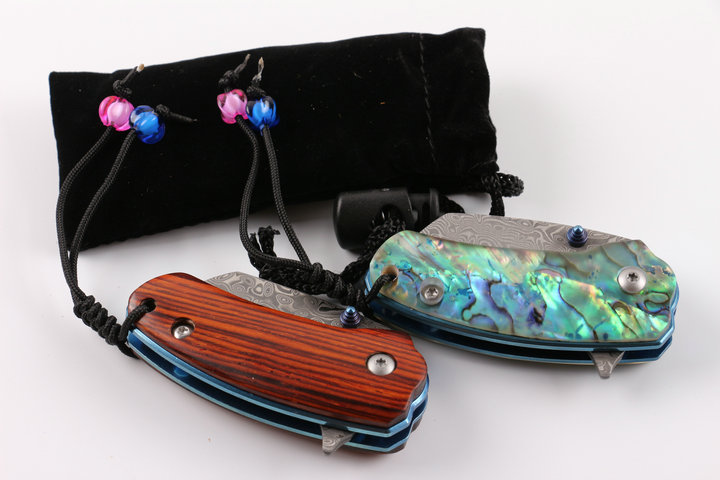 Damascus Little brother wood and abalone handle material folding pcoket knife UD404942